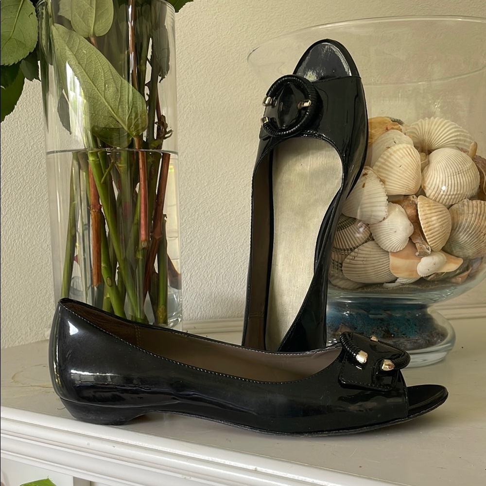 Women’s Black Patent Peep-Toe Ballet Flats with Accent Buckle